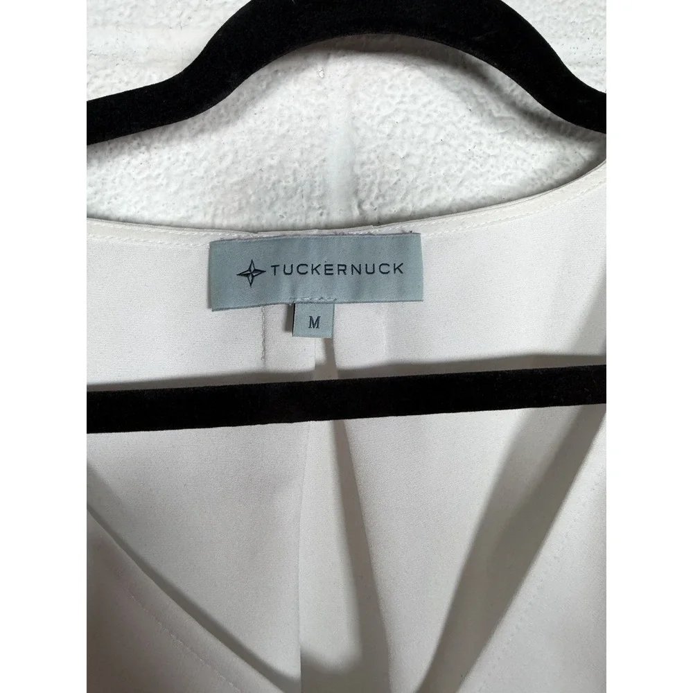 Tuckernuck White V Neck Puff Shoulder Blouse Women's Medium Career Quiet Luxury